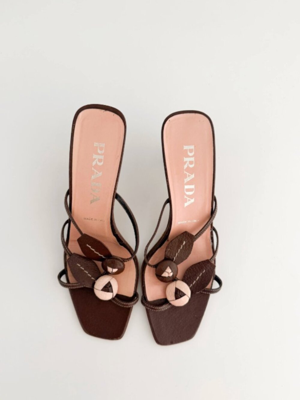 Prada 1990s brown rosebud kitten heels mules strappy leaf flower sandals 38